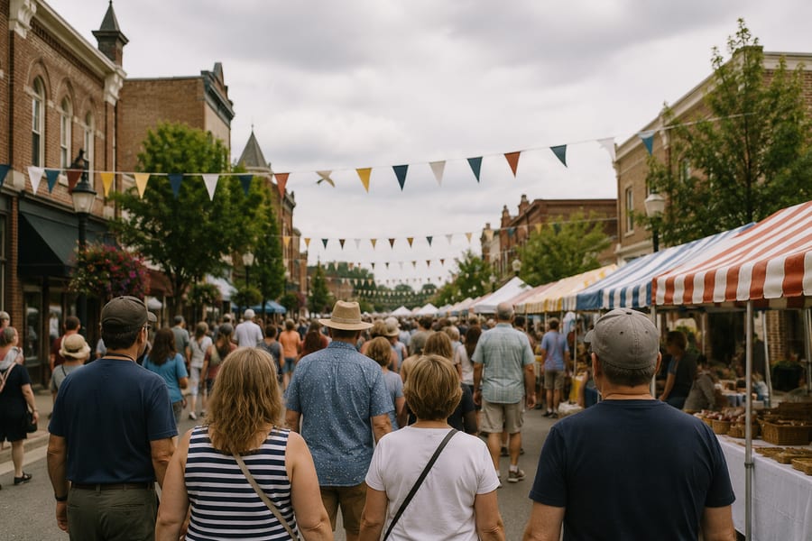 A summer street festival with bunting along the main street