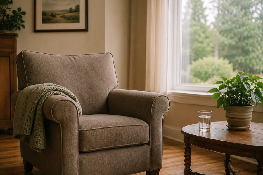 A quiet sitting room with an armchair beside a window