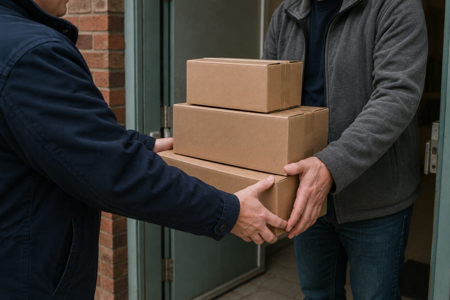 Volunteers handing over boxes of supplies at a doorway
