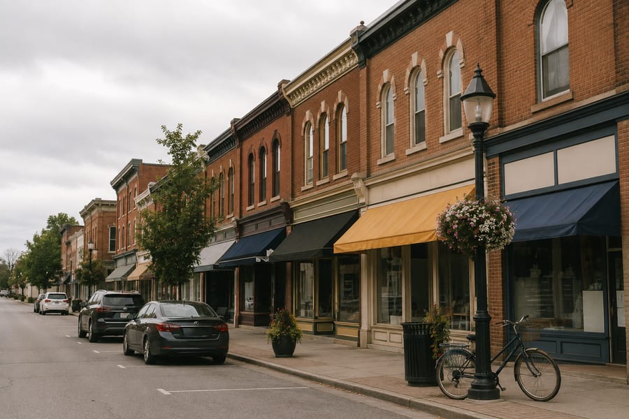 Brick storefronts along a small-town main street