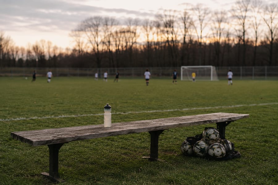 A community soccer field at dusk