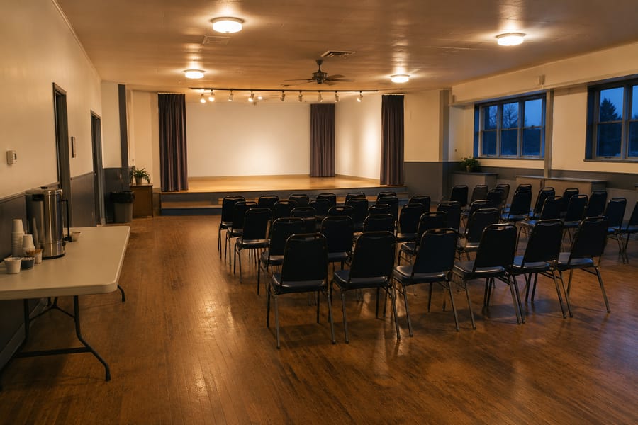 A legion hall set out with chairs before an evening draw