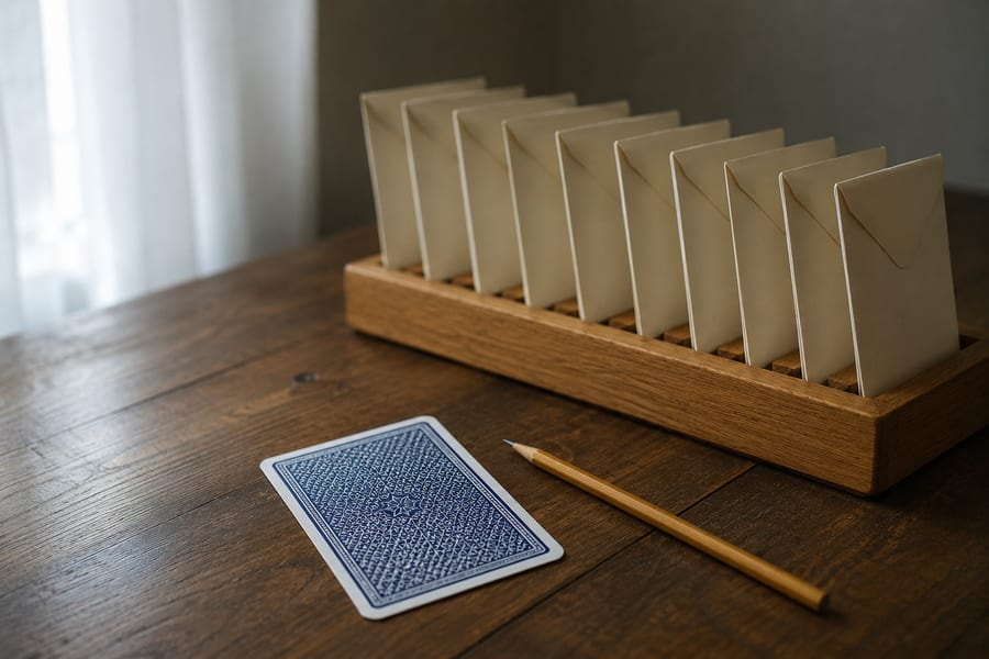 Sealed envelopes in a wooden stand beside a face-down playing card