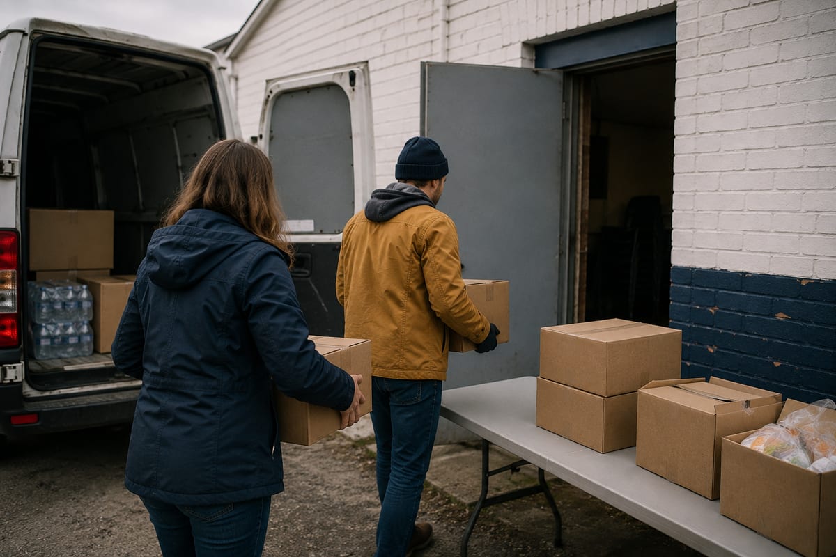 Volunteers unloading boxes of donated supplies outside a community hall
