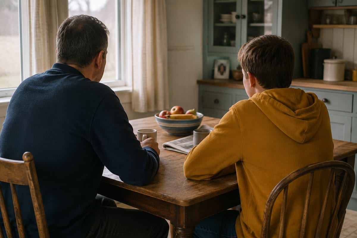An adult and a teenager talking at a kitchen table