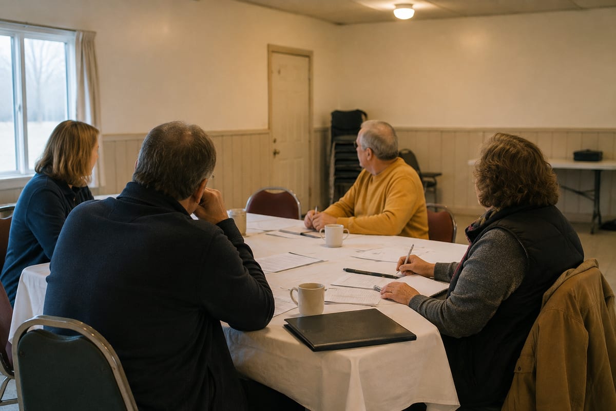 Club members around a table at a monthly meeting